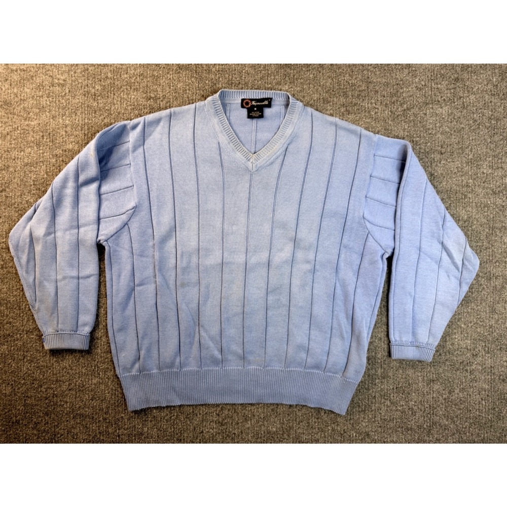 Faconnable Mens M Blue Cotton V-Neck Sweater Ribbed Made in France Y2K Stains